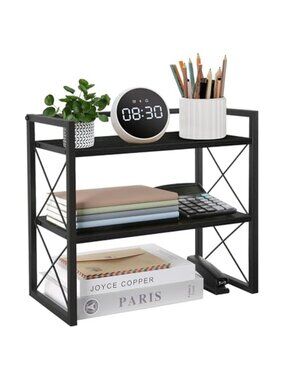 Wood Desktop Shelf Organizer 2 Tier Iron Frame Office Desk Storage Rack Display